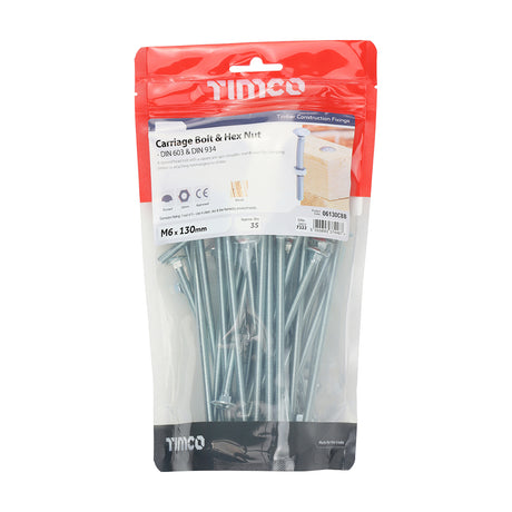 This is an image of Timco - Carriage Bolts & Hex Nuts - Zinc M6 x 130mm - (35 PCS TIMbag) 06130CBB