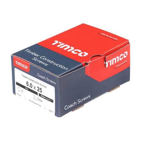 This is an image of Timco - Coach Screws - Hex - Zinc 6.0 x 25mm - (250 PCS Box) 0625CSC