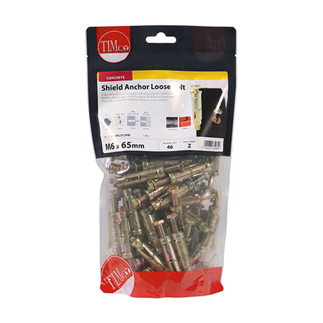 This is an image of Timco - Shield Anchor Loose Bolts - Yellow M6:25L (M6 x 65)mm - (46 PCS TIMbag) 0625LSHB
