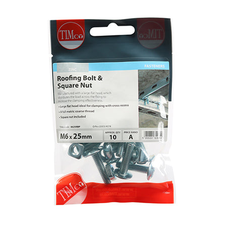 This is an image of Timco - Roofing Bolts & Square Nuts - Zinc M6 x 25mm - (10 PCS TIMpac) 0625RBP