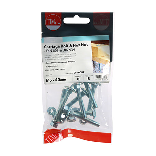 This is an image of Timco - Carriage Bolts & Hex Nuts - Zinc M6 x 40mm - (8 PCS TIMpac) 0640CBP