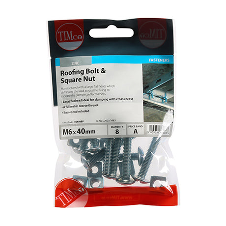 This is an image of Timco - Roofing Bolts & Square Nuts - Zinc M6 x 40mm - (8 PCS TIMpac) 0640RBP