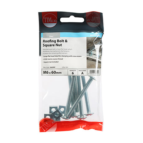 This is an image of Timco - Roofing Bolts & Square Nuts - Zinc M6 x 60mm - (6 PCS TIMpac) 0660RBP