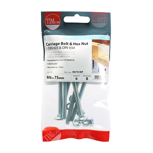 This is an image of Timco - Carriage Bolts & Hex Nuts - Zinc M6 x 75mm - (6 PCS TIMpac) 0675CBP