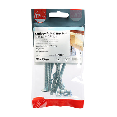 This is an image of Timco - Carriage Bolts & Hex Nuts - Zinc M6 x 75mm - (6 PCS TIMpac) 0675CBP