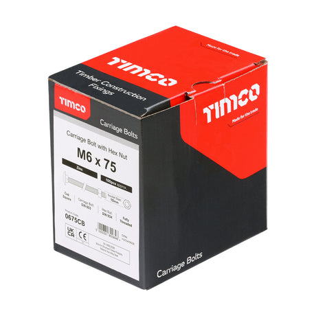 This is an image of Timco - Carriage Bolts & Hex Nuts - Zinc M6 x 75mm - (100 PCS Box) 0675CB
