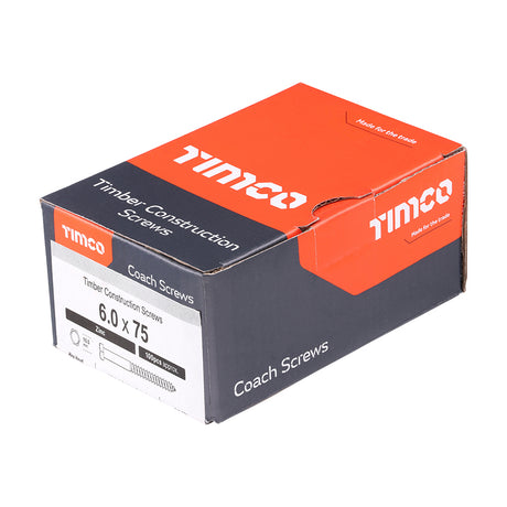 This is an image of Timco - Coach Screws - Hex - Zinc 6.0 x 75mm - (100 PCS Box) 0675CSC