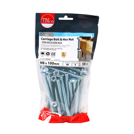 This is an image of Timco - Carriage Bolts & Hex Nuts - Zinc M8 x 100mm - (40 PCS TIMbag) 08100CBB