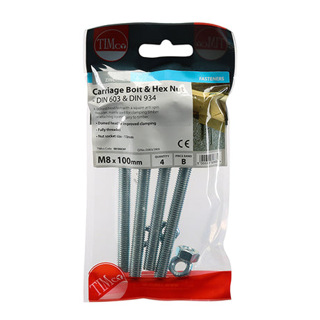 This is an image of Timco - Carriage Bolts & Hex Nuts - Zinc M8 x 100mm - (4 PCS TIMpac) 08100CBP