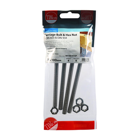 This is an image of Timco - Carriage Bolts & Hex Nuts - Stainless Steel M8 x 100mm - (4 PCS TIMpac) 08100CBSSP