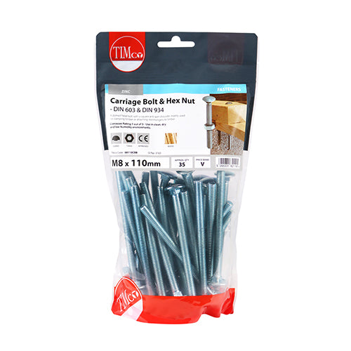 This is an image of Timco - Carriage Bolts & Hex Nuts - Zinc M8 x 110mm - (35 PCS TIMbag) 08110CBB