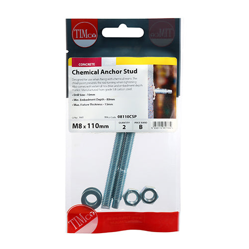 This is an image of Timco - Chemical Anchor Studs - Zinc M8 x 110mm - (2 PCS TIMpac) 08110CSP