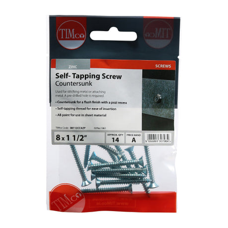 This is an image of Timco - Self-Tapping Screws - PZ - Countersunk - Zinc 8 x 1 1/2" - (14 PCS TIMpac) 08112CCAZP