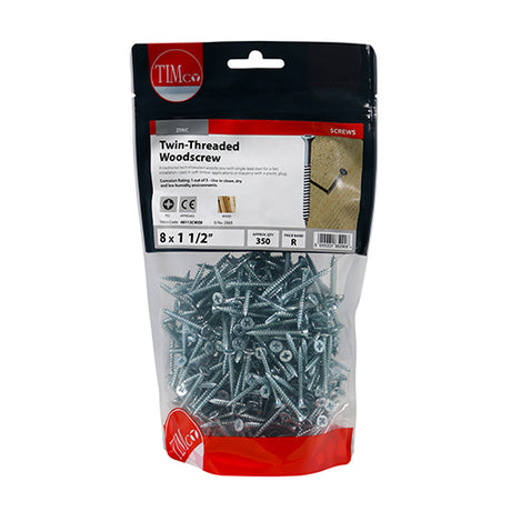 This is an image of Timco - Twin-Thread Woodscrews - PZ - Double Countersunk - Zinc 8 x 1 1/2" - (350 PCS TIMbag) 08112CWZB