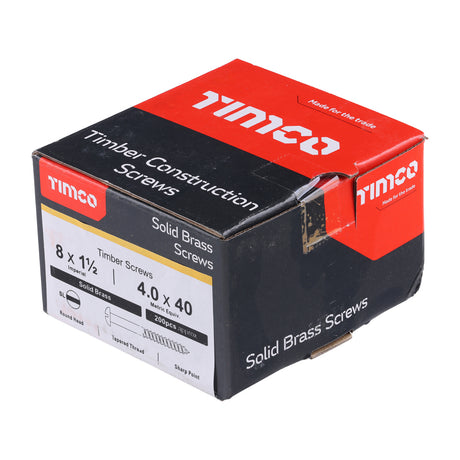 This is an image of Timco - Solid Brass Timber Screws - SLOT - Round 8 x 1 1/2" - (200 PCS Box) 08112RBS