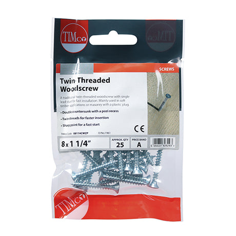 This is an image of Timco - Twin-Thread Woodscrews - PZ - Double Countersunk - Zinc 8 x 1 1/4" - (25 PCS TIMpac) 08114CWZP
