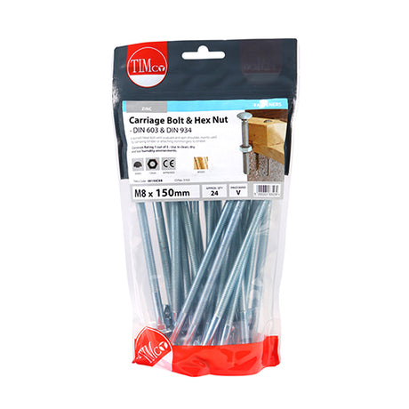 This is an image of Timco - Carriage Bolts & Hex Nuts - Zinc M8 x 150mm - (24 PCS TIMbag) 08150CBB