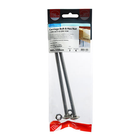 This is an image of Timco - Carriage Bolts & Hex Nuts - Stainless Steel M8 x 150mm - (2 PCS TIMpac) 08150CBSSP
