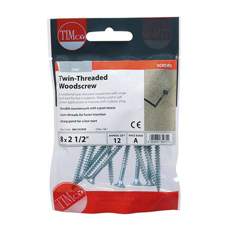 This is an image of Timco - Twin-Thread Woodscrews - PZ - Double Countersunk - Zinc 8 x 2 1/2" - (12 PCS TIMpac) 08212CWZP