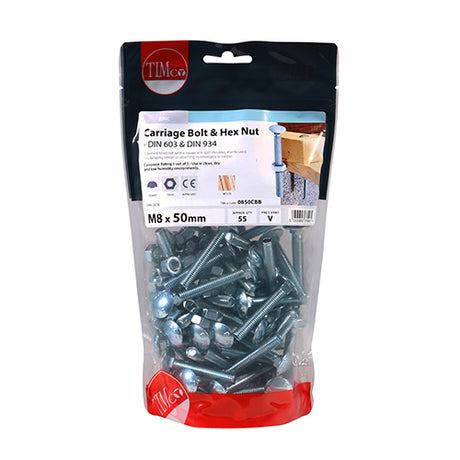 This is an image of Timco - Carriage Bolts & Hex Nuts - Zinc M8 x 50mm - (55 PCS TIMbag) 0850CBB