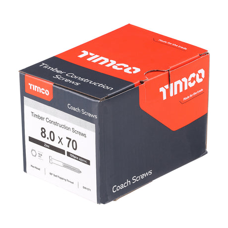 This is an image of Timco - Coach Screws - Hex - Zinc 8.0 x 70mm - (100 PCS Box) 0870CSC