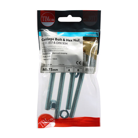 This is an image of Timco - Carriage Bolts & Hex Nuts - Zinc M8 x 75mm - (4 PCS TIMpac) 0875CBP