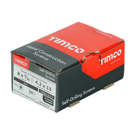 This is an image of Timco - Metal Construction Sheet & Framing Screws - PH - Wafer - Self-Drilling - Zinc 8 x 9/16" - (1000 PCS Box) 08916WHSD