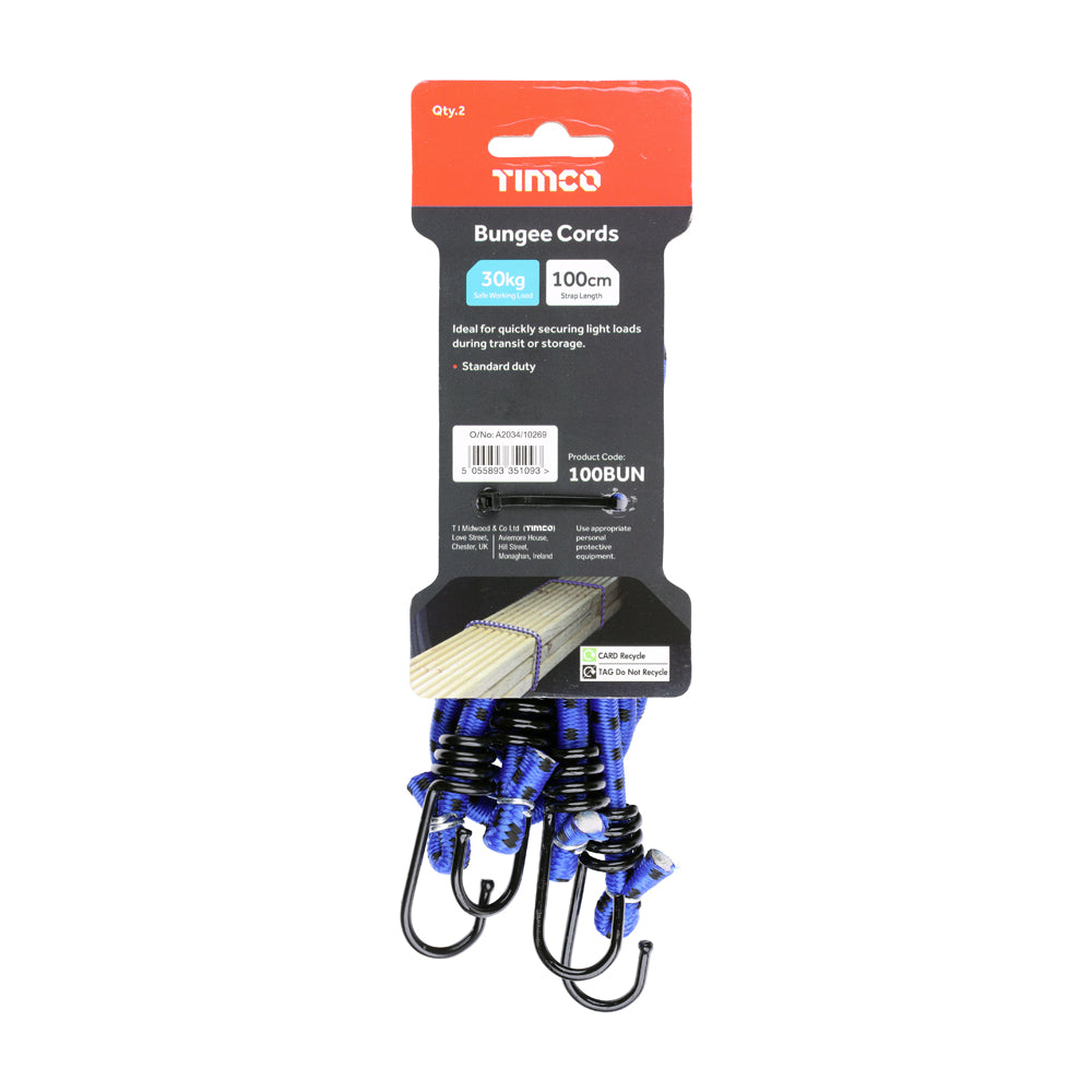 This is an image of Timco - Bungee Cords - Standard Duty Dia.8mm x 100cm (2 Pieces Bag) 100BUN