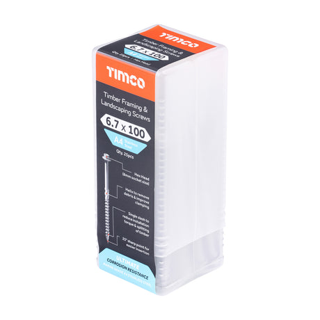 This is an image of Timco - Timber Frame Construction & Landscaping Screws - Hex - A4 Stainless Steel 6.7 x 100mm - (25 PCS Tube) 100INDEXSST