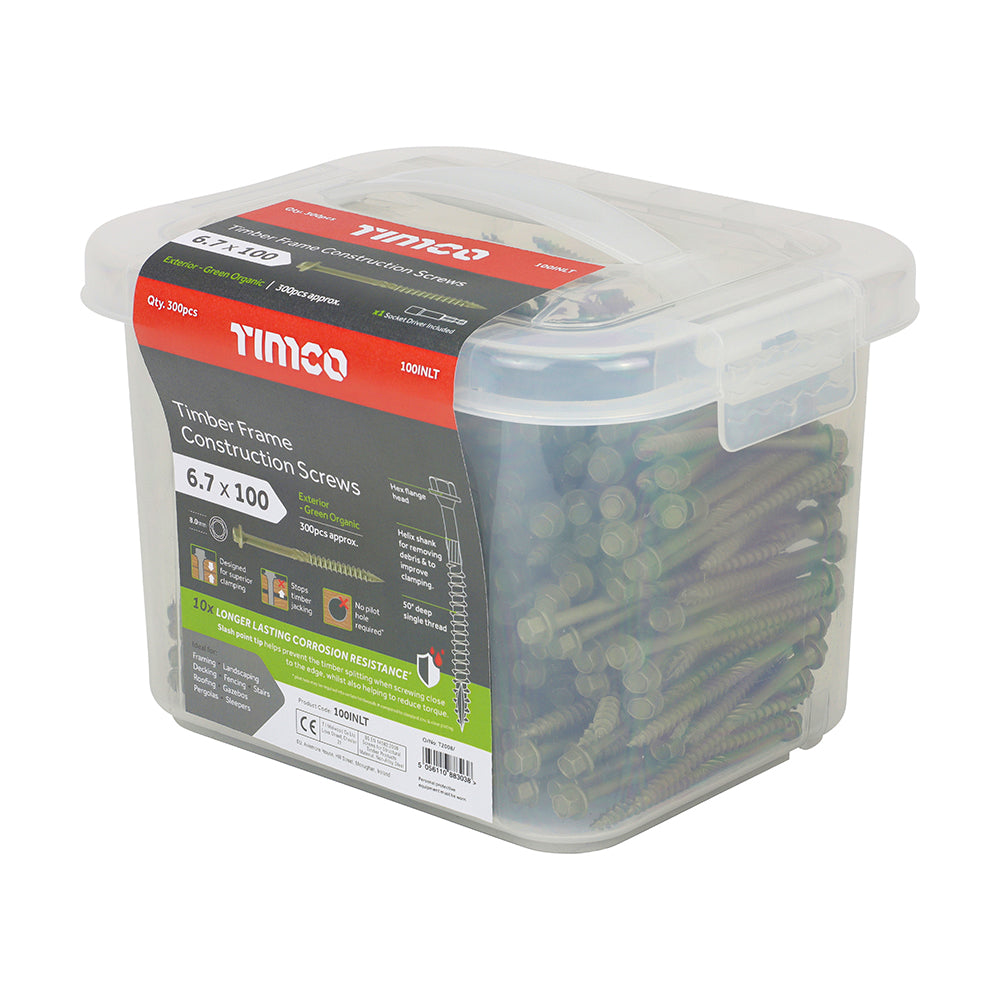 This is an image of Timco - Timber Frame Construction & Landscaping Screws - Hex - Exterior - Green Organic 6.7 x 100mm - (300 PCS Tub) 100INLT