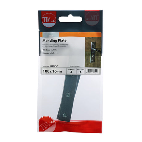 This is an image of Timco - Mending Plates - Zinc 100 x 16 (4 Pieces TIMpac) 100MPLP