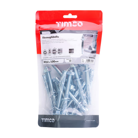 This is an image of Timco - Throughbolts - Zinc M10 x 100mm - (18 PCS TIMbag) 10100TBB