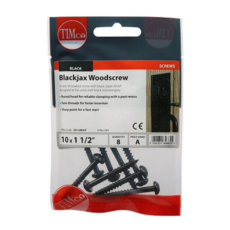 This is an image of Timco - Blackjax Screws - PZ - Round - Black 10 x 1 1/2" - (8 PCS TIMpac) 10112BJCP