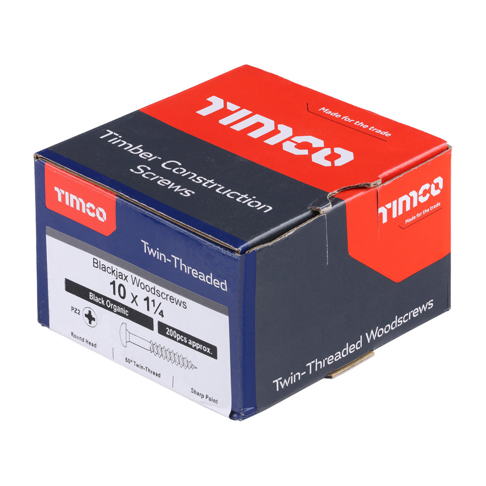 This is an image of Timco - Blackjax Woodscrews - PZ - Round - Black Organic 10 x 1 1/4" - (200 PCS Box) 10114BJC