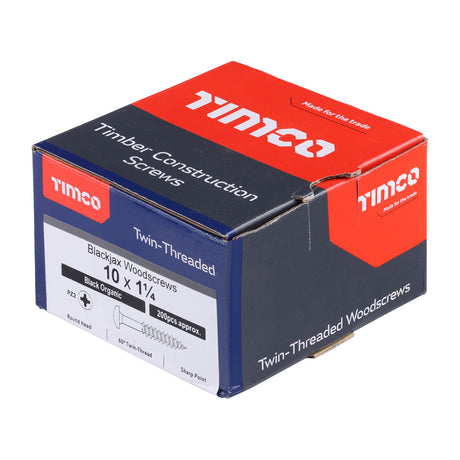 This is an image of Timco - Blackjax Woodscrews - PZ - Round - Black Organic 10 x 1 1/4" - (200 PCS Box) 10114BJC