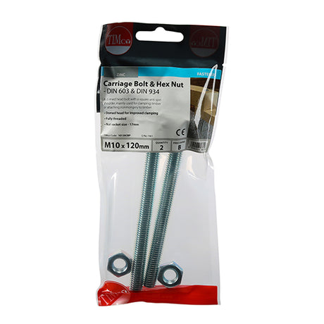 This is an image of Timco - Carriage Bolts & Hex Nuts - Zinc M10 x 120mm - (2 PCS TIMpac) 10120CBP