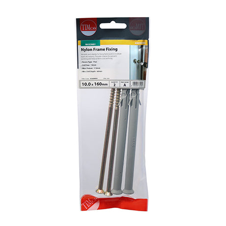 This is an image of Timco - Nylon Frame Fixings - PZ - Zinc 10.0 x 160mm - (2 PCS TIMpac) 10160NFFP