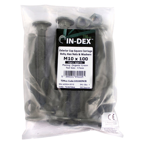 This is an image of Timco - Carriage Bolts Hex Nuts & Form A Washers - Dome - Exterior - Green M10 x 200mm - (10 PCS Bag) 10200INCB