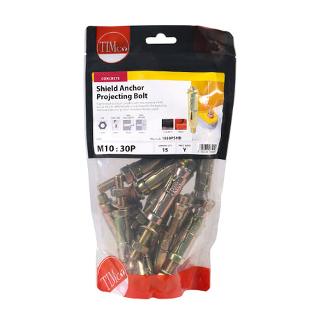 This is an image of Timco - Shield Anchor Projecting Bolts - Yellow M10:30P (M10 x 100)mm - (15 PCS TIMbag) 1030PSHB