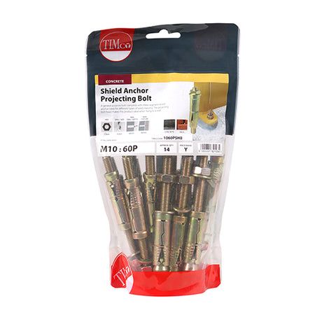 This is an image of Timco - Shield Anchor Projecting Bolts - Yellow M10:60P (M10 x 130)mm - (14 PCS TIMbag) 1060PSHB
