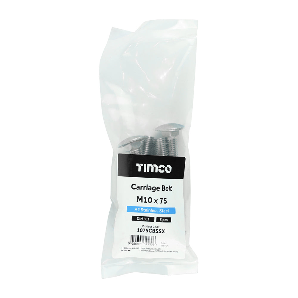 This is an image of Timco - Carriage Bolts - A2 Stainless Steel M10 x 75mm - (5 PCS Bag) 1075CBSSX