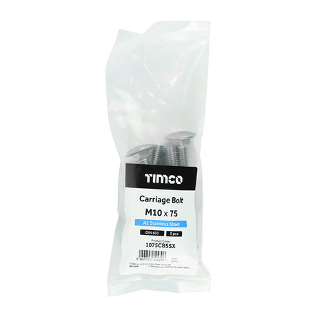 This is an image of Timco - Carriage Bolts - A2 Stainless Steel M10 x 75mm - (5 PCS Bag) 1075CBSSX