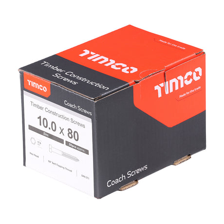 This is an image of Timco - Coach Screws - Hex - Zinc 10.0 x 80mm - (50 PCS Box) 1080CSC