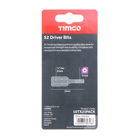 This is an image of Timco - S2 Driver Bits - TX TX10 x 25 (10 Pieces Blister Pack) 10TX25PACK
