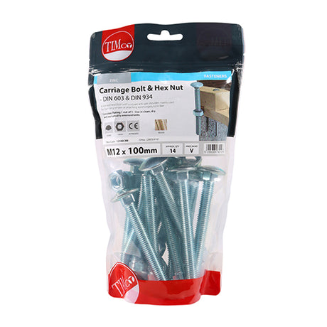 This is an image of Timco - Carriage Bolts & Hex Nuts - Zinc M12 x 100mm - (14 PCS TIMbag) 12100CBB