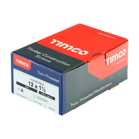 This is an image of Timco - Twin-Threaded Woodscrews - PZ - Double Countersunk - Zinc 12 x 1 1/2" - (200 PCS Box) 12112CWZ
