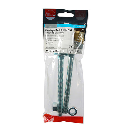 This is an image of Timco - Carriage Bolts & Hex Nuts - Zinc M12 x 130mm - (2 PCS TIMpac) 12130CBP