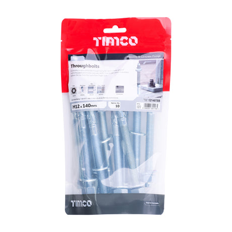 This is an image of Timco - Throughbolts - Zinc M12 x 140mm - (10 PCS TIMbag) 12140TBB