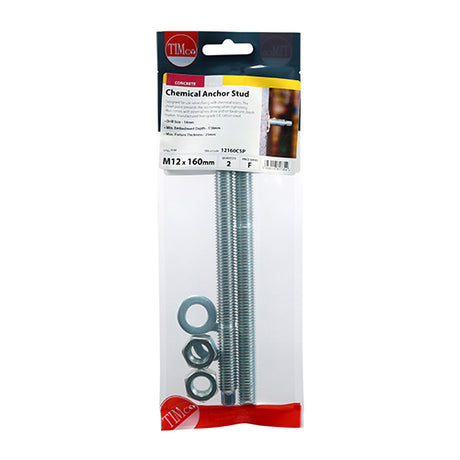 This is an image of Timco - Chemical Anchor Studs - Zinc M12 x 160mm (2 PCS TIMpac) PCS12160CSP