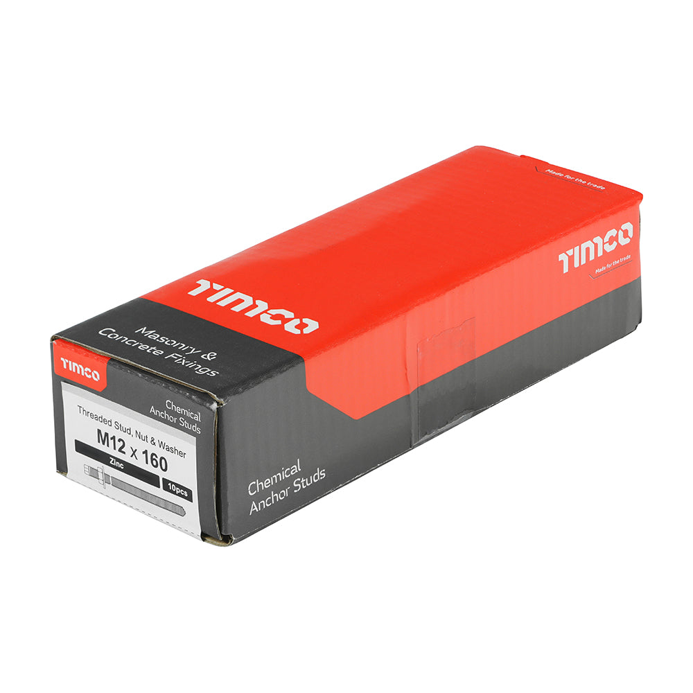This is an image of Timco - Chemical Anchor Threaded Studs, Nuts & Washers - Zinc M12 x 160mm - (10 PCS Box) 12160CS
